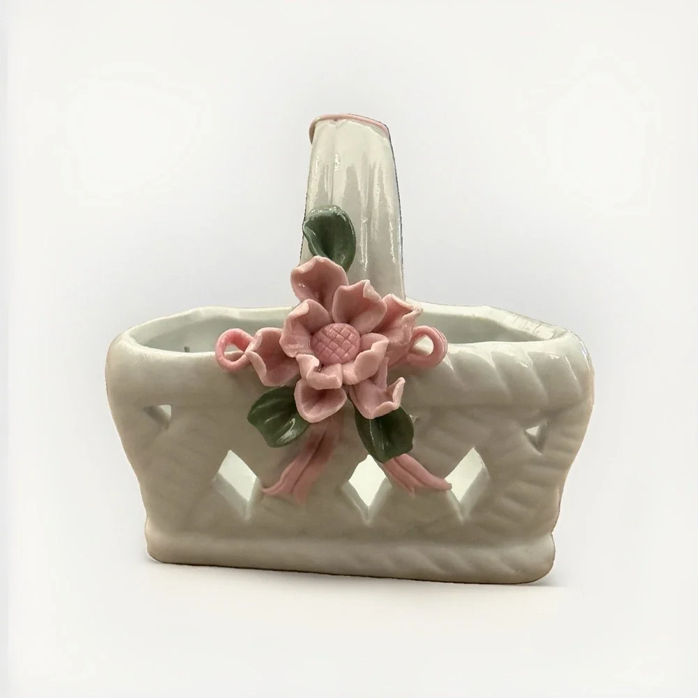 Porcelain Basket Decorative Hand Painted Flowers Miniature Candy Jewelry Trinket
